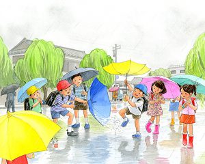 傘をひっくり返しておちょこ傘にしたら雨を貯めて友達と掛け合いっこ。