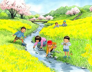 桜が満開の春の日に、菜の花の河原を抜けて小川に笹舟を浮かべた。