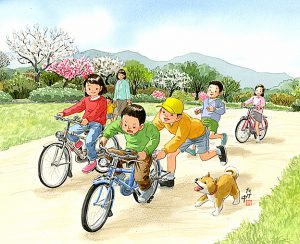 お兄ちゃんに荷台を持ってもらって自転車の練習。梅や辛夷、木蓮が咲いていた。
