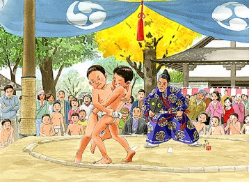 神社の秋祭りで奉納の相撲大会。力が入る大将戦ではうっちゃりで逆転勝ち。