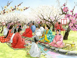 新元号「令和」。梅の花が香るなかで、杯が流れてく流前に和歌を詠む曲水の宴。