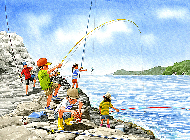 海岸の岩場で磯釣りしたら、たくさん魚が釣れました。