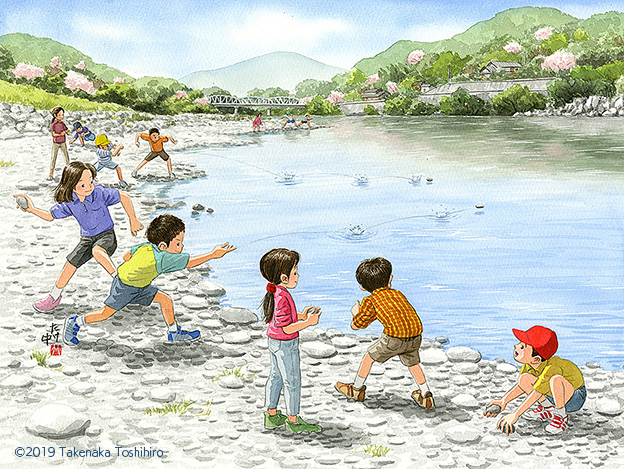 水辺で平たい石を探して水面に向かって石切遊び