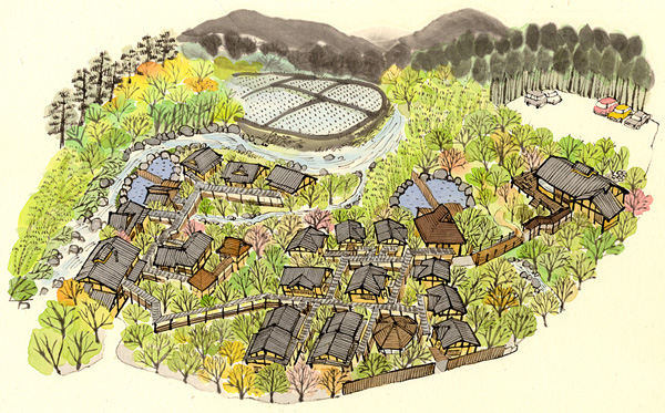 湯布院の郊外の山に囲まれた温泉宿『月燈庵』の施設マップ