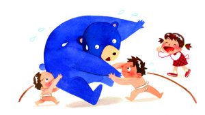 歯科医院のカレンダーハガキ・熊とお相撲をする子ども