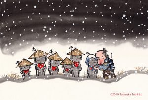 雪の降る大晦日に売れ残った傘をお地蔵様にかけて行くおじいさん。笠地蔵の物語です。