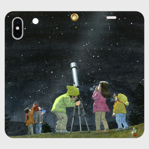 オリジナルスマホケース・冬の寒い中で天体望遠鏡で澄み切った星空を観測する子どもたち