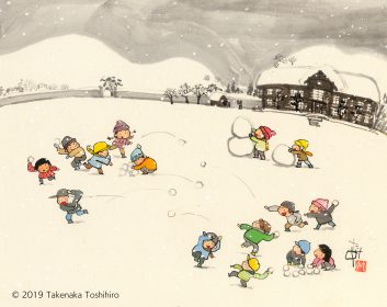 雪が積もった校庭で雪だるま作ったり、雪合戦で遊びます。山も木造校舎もみんな綿帽子をかぶったように雪が積もってます。