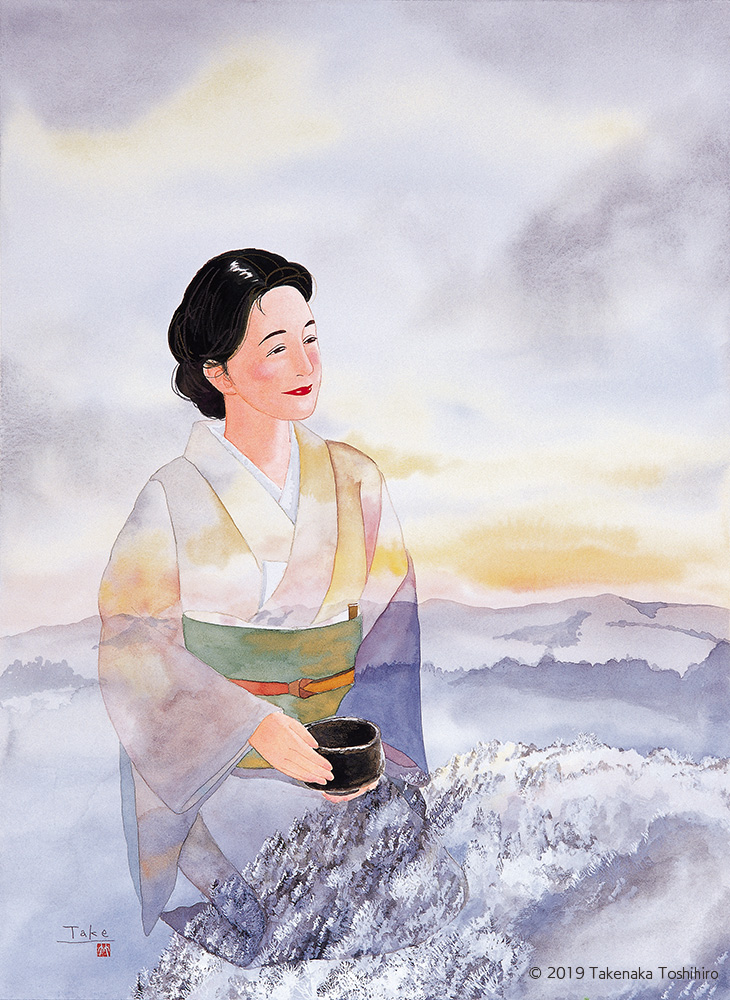 雪山の風景の柄の着物をまとって景色に溶け込んでいる、茶の湯を楽しむ女性