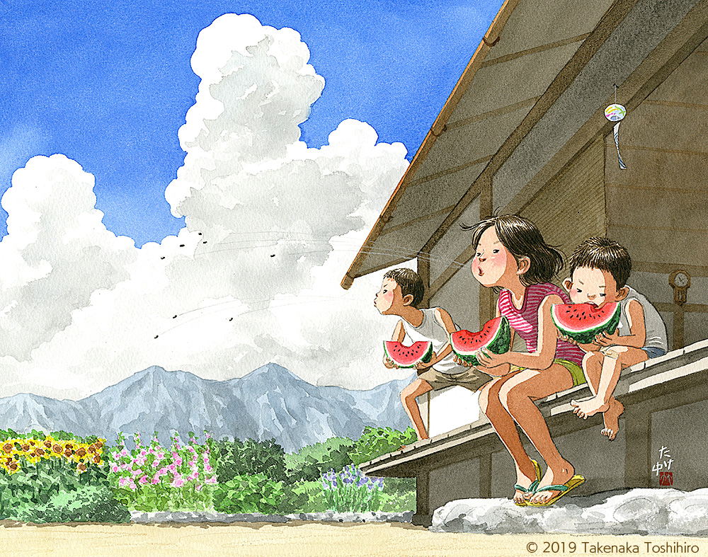 昔懐かしい家族団欒のイラスト 夏のお昼寝風景 童謡唱歌ゆりかごのうた 水彩イラスト たかなかアトリエ