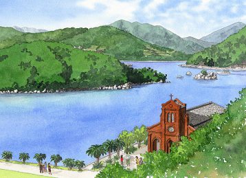 遠藤周作の「沈黙」で舞台となった五島の教会を描いた九州文学シリーズのカレンダーイラスト