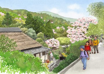 夏目漱石の「草枕」の舞台となった熊本から玉名へ向かう道を描いた九州文学シリーズのカレンダーイラスト
