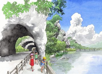 菊池寛「恩讐の彼方に」の舞台、耶馬溪の青の洞門を描いた九州文学シリーズのカレンダーイラスト