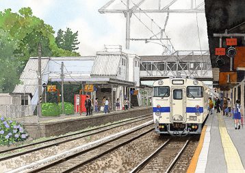松本清張「点と線」の舞台となったJR香椎駅のホームを描いた九州文学シリーズのカレンダーイラスト
