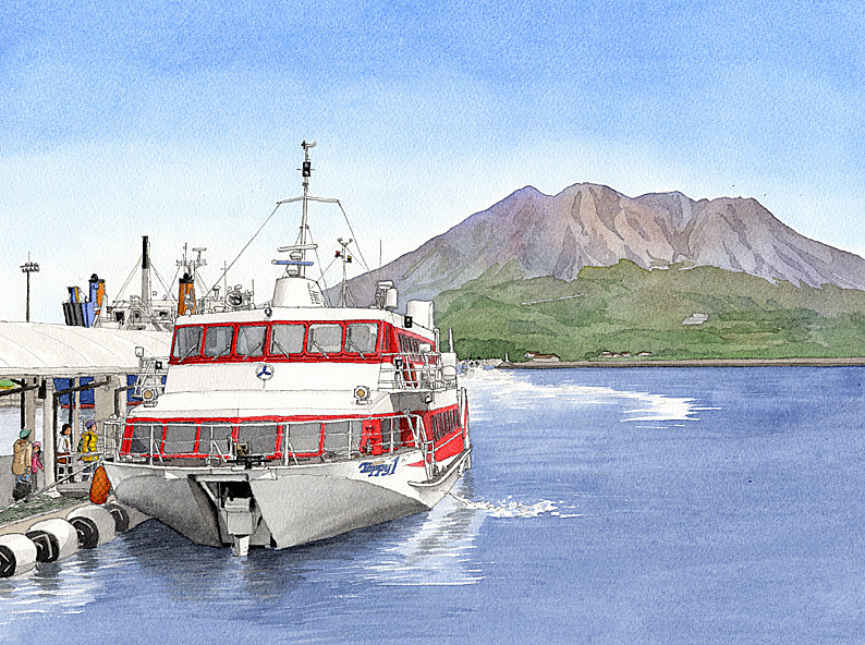 林芙美子「浮雲」の舞台となった鹿児島の港から望む桜島を描いた九州文学シリーズのカレンダーイラスト