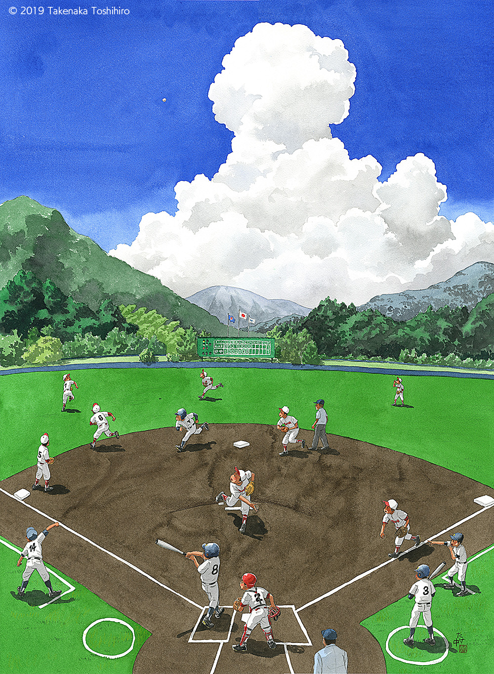 夏の全国高校野球地方大会で山の中の球場で大きな入道雲に向かって大きな打球が飛んでいく