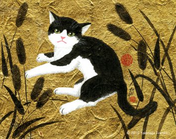 日本画の『竹林に虎の絵』を模して、金箔に墨でネコジャラシを描き、ネコはカラーで描きました。