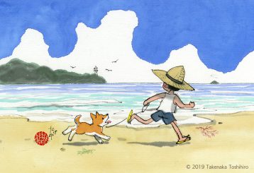 夏の朝、浜辺を元気に散歩する麦わら帽子の少年と柴犬の子供