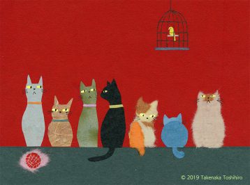 ずらりと並んだネコたちと、カゴに入ったカナリアを和紙の貼り絵で描きました
