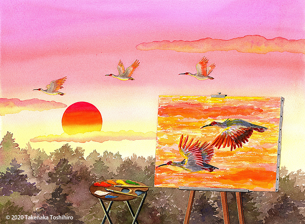 初日を背景に飛ぶトキの群れをキャンバスに描くシーン