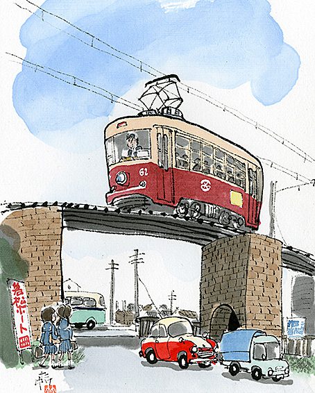 北九州市小倉にある金田跨線橋を渡るチンチン電車。下を通るのは日豊本線。