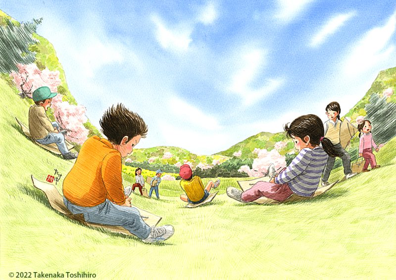 広い公園の草っ原にダンボールで作ったソリを持って行って草スキーで遊びました