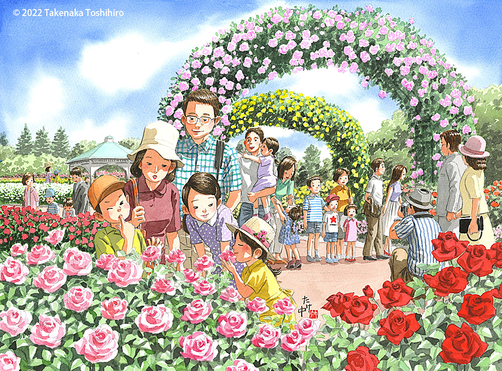 イラストカレンダー ５月のバラ園のたくさんの花たちはとてもいい香り 水彩イラスト たかなかアトリエ