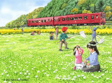 菜の花やクローバー咲く中を走る水戸岡鋭治氏デザイン＆企画によるレストラン列車。