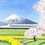 富士山をバックに桜吹雪の中を走り抜ける新幹線のぞみN700