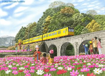コスモス咲く中を黄色い三岐鉄道の列車が通り過ぎていく