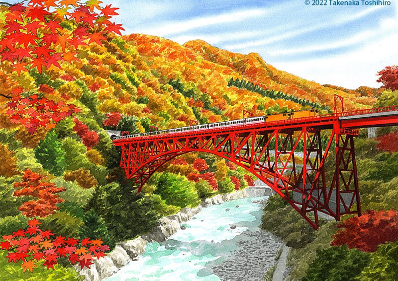 遥か下に渓流が流れ紅葉が鮮やかな黒部渓谷の赤い鉄橋ををトロッコ列車が走る