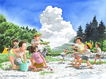 夏休みにキャンプに来たら河原で水鉄砲遊び