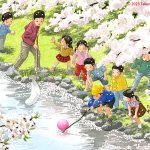満開の桜のもと川に落ちたボールを拾うその川面には花筏が美しく浮かんでいた