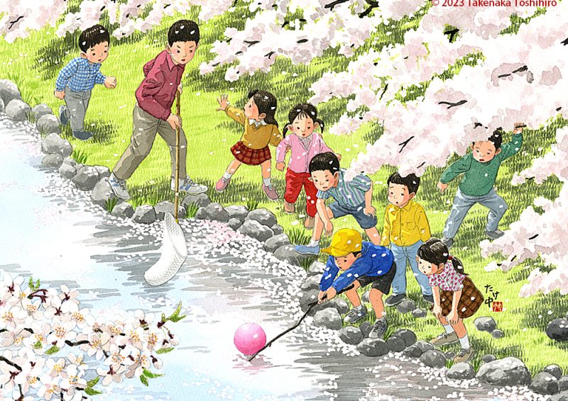 満開の桜のもと川に落ちたボールを拾うその川面には花筏が美しく浮かんでいた