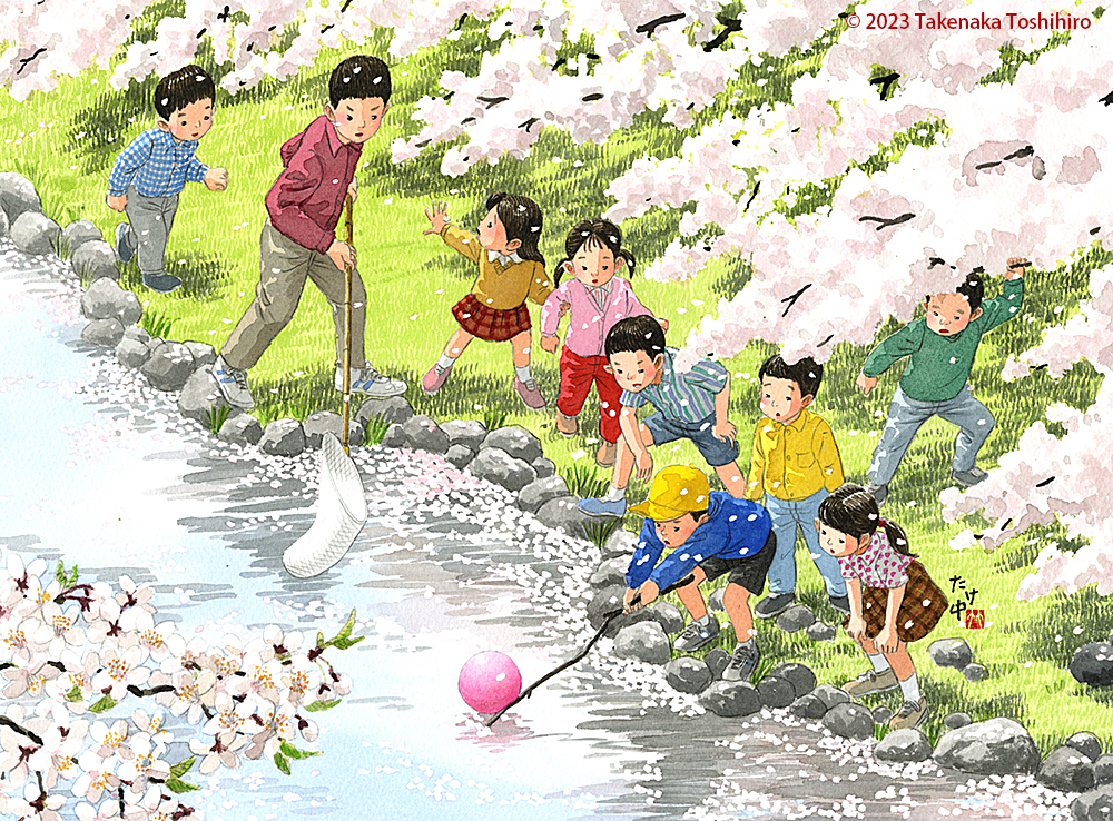 満開の桜のもと川に落ちたボールを拾うその川面には花筏が美しく浮かんでいた