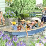 柳川で川下りの舟から見る花菖蒲　揺れる水面に映る姿もとてもきれい