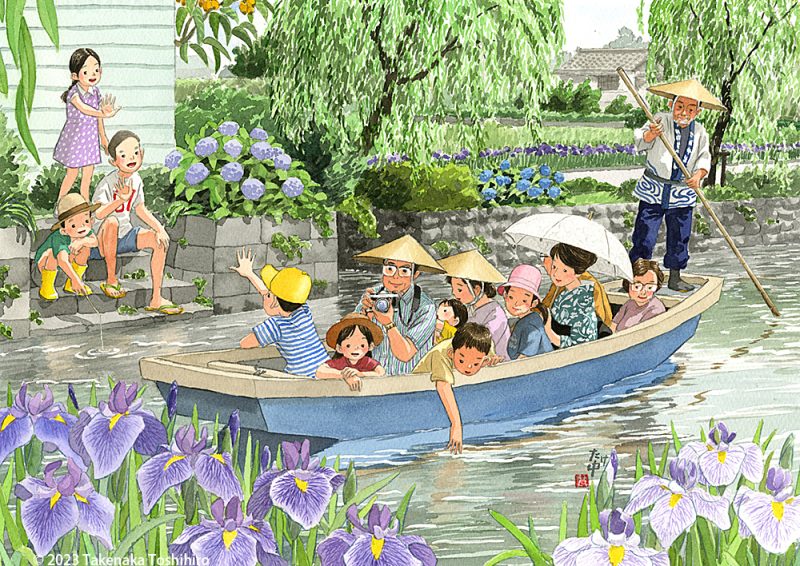 柳川で川下りの舟から見る花菖蒲　揺れる水面に映る姿もとてもきれい