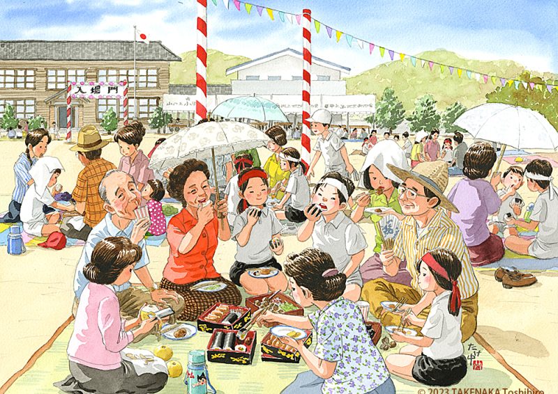 運動会の昼休み、親戚が集まって重箱のお弁当を食べた。ゆで栗が美味しかった。
