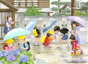 梅雨｜雨の日の登校中、ブロック塀や紫陽花の葉にカタツムリを見つけた