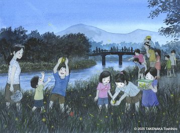 ホタル狩り｜蒸し暑い夜の川辺でホタルがたくさん飛んでいた