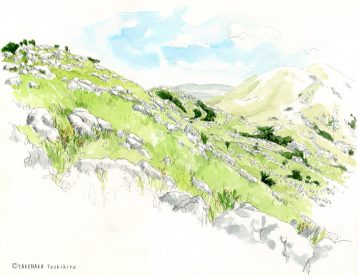 スケッチ／福岡・平尾台｜平尾台のカルスト台地の石灰岩が広がる羊群原