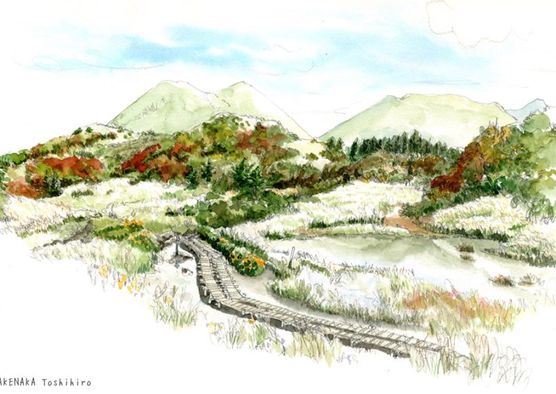 スケッチ／大分・九重｜長者原から九重に登り雨ヶ池から望む景色