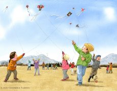 日本の正月|青空に向かって一気に凧が揚がって行った