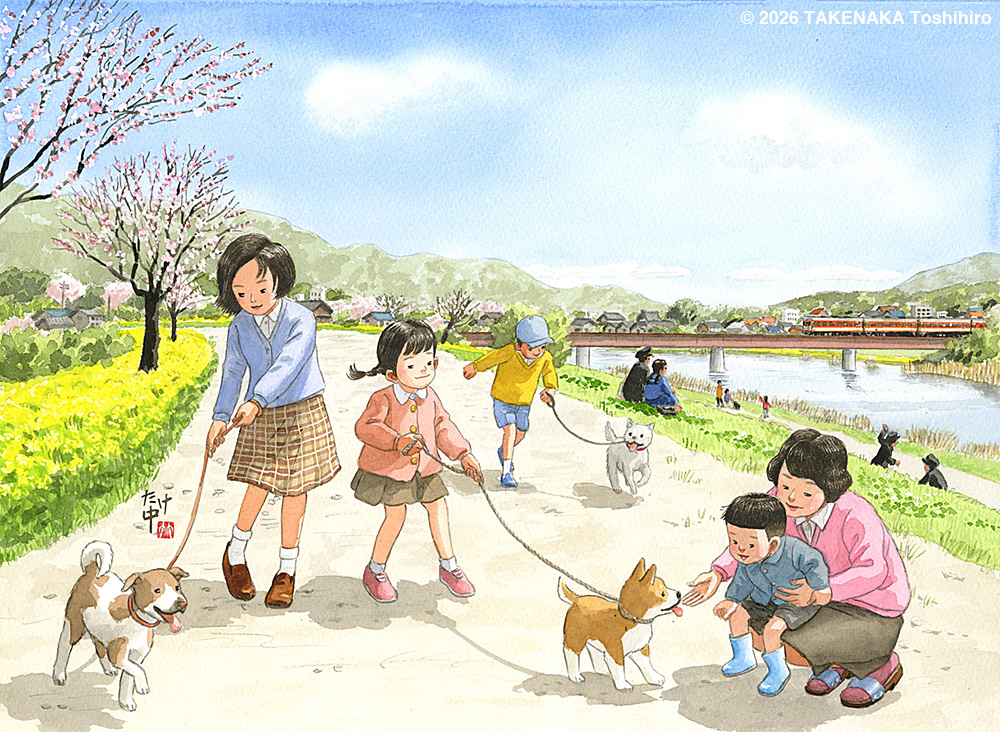 日本の春|桜が綻ぶ頃に河原の土手で犬を連れて散歩